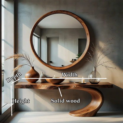 Unique brown wood console table with S curve pedestal
