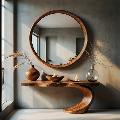 Sculptural Entryway Console Table Natural Solid Wood Organic Curve Base