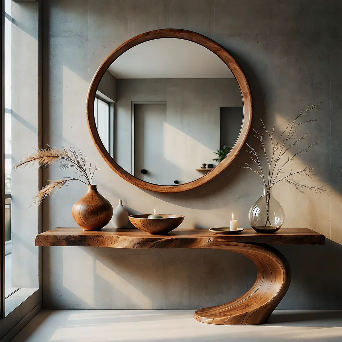 Sculptural Entryway Console Table Natural Solid Wood Organic Curve Base
