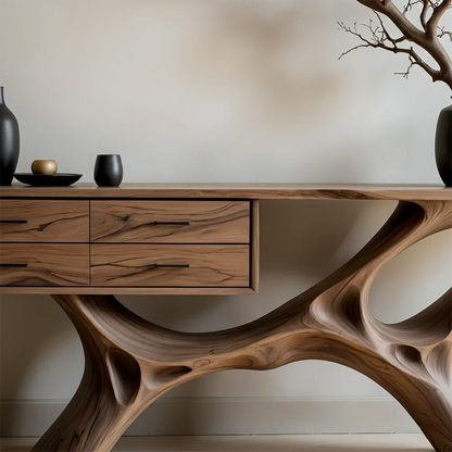Contemporary entryway console table with artistic wood base and integrated storage drawers