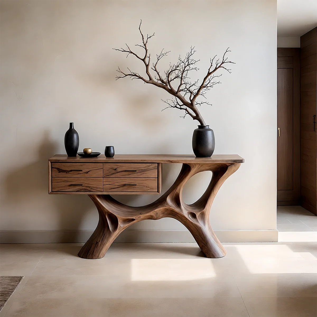 Modern Natural Wood Console Table with Drawers and Sculptural Base Design