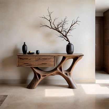 Modern Natural Wood Console Table with Drawers and Sculptural Base Design