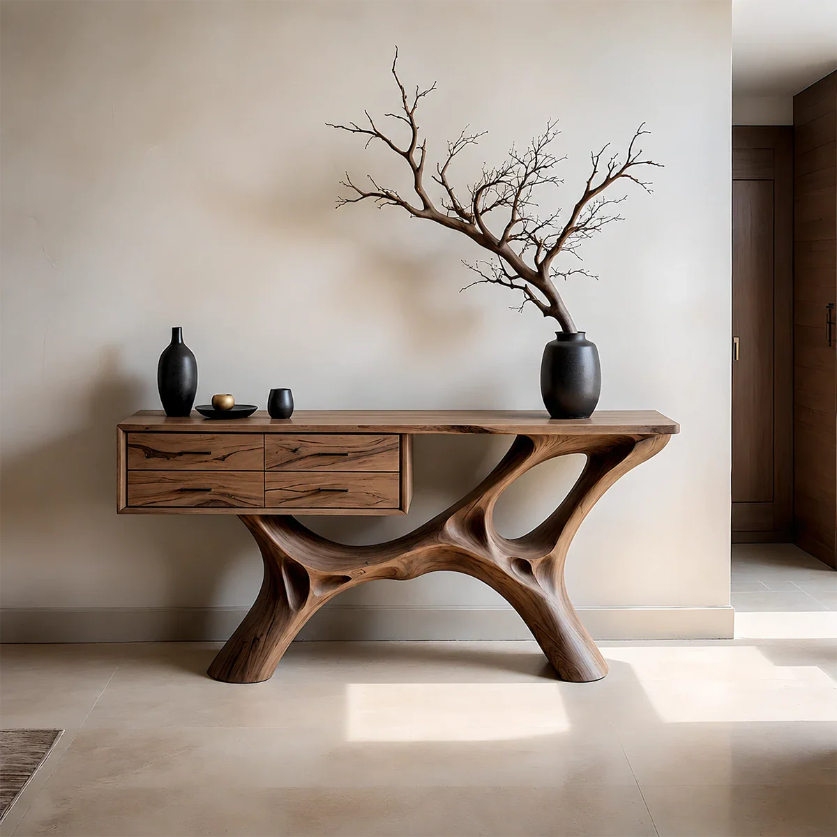 Modern Natural Wood Console Table with Drawers and Sculptural Base Design