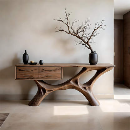 Modern Natural Wood Console Table with Drawers and Sculptural Base Design