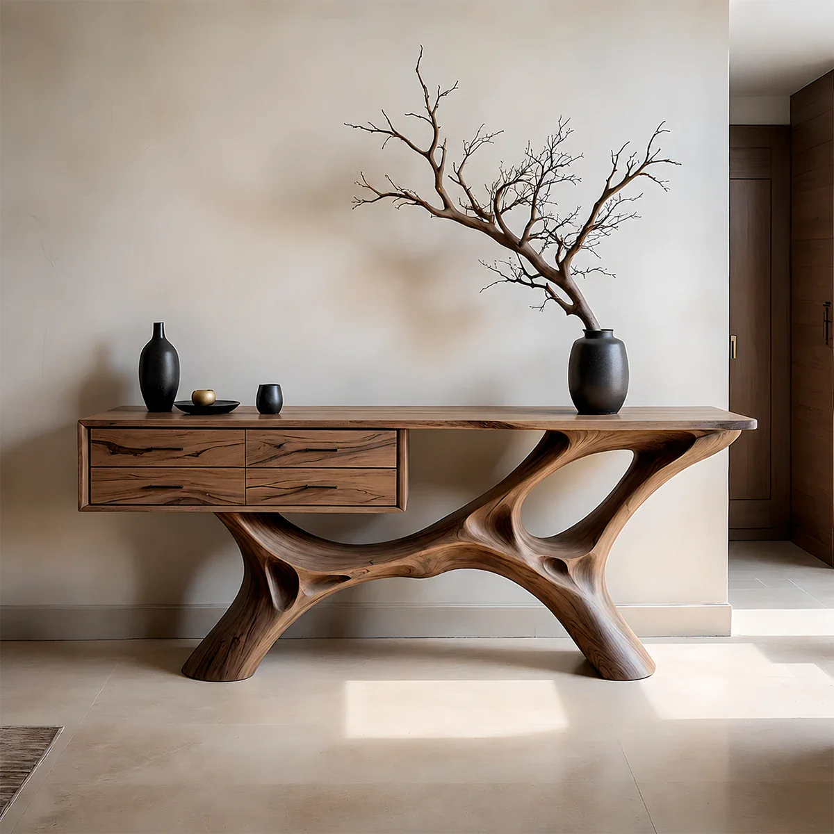 Modern Natural Wood Console Table with Drawers and Sculptural Base Design