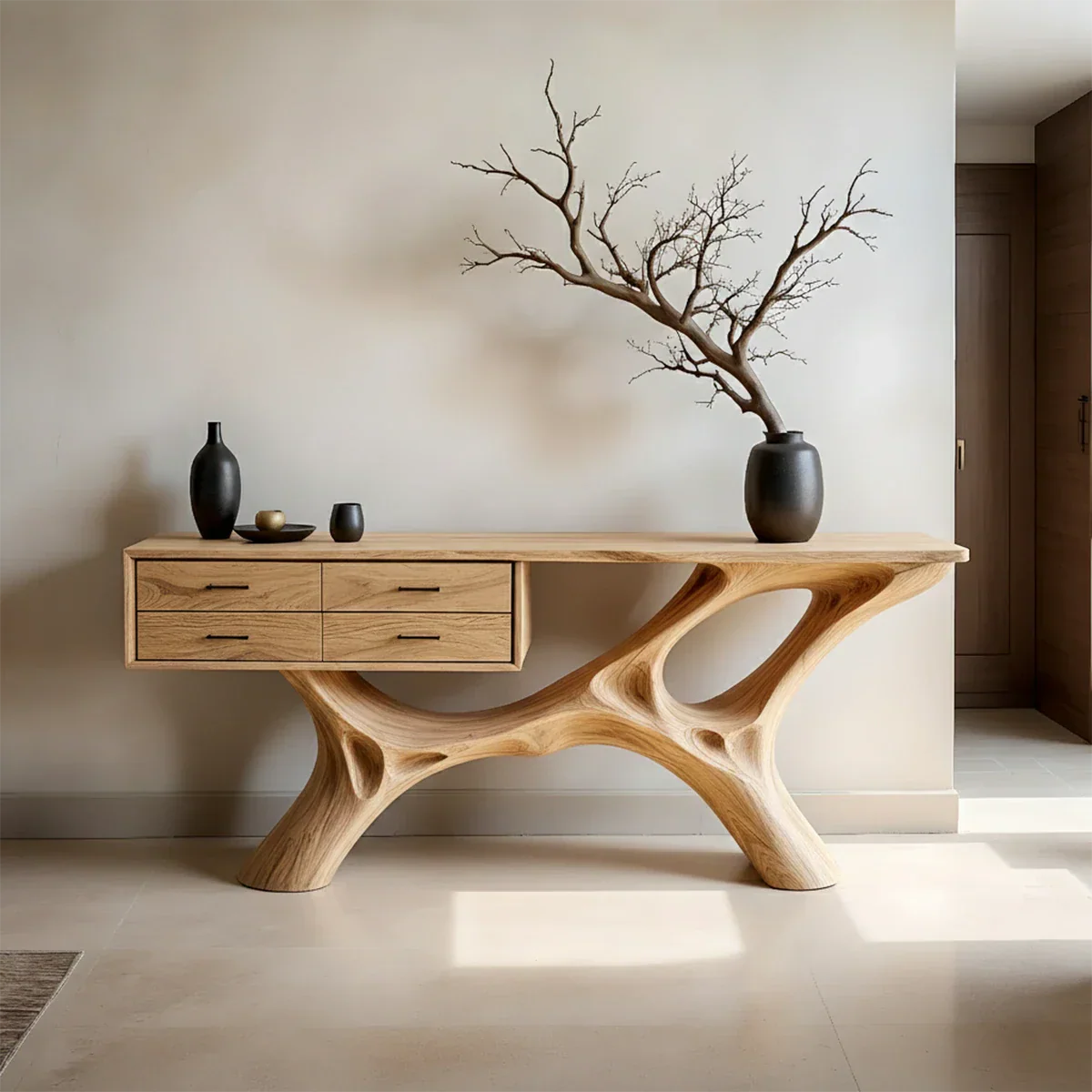 Unique console table with curved base design and sleek drawer storage for modern homes