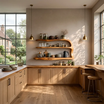 Sculptural kitchen shelving unit with organic curves and layered open wood storage design