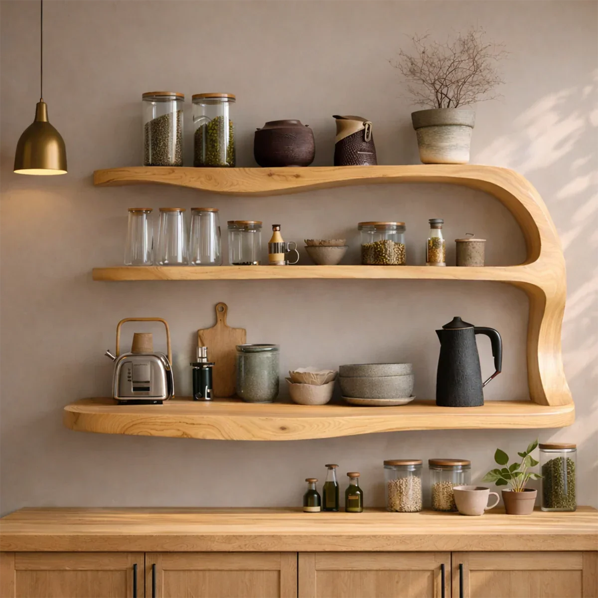 Minimalist kitchen wall shelves with sculpted wood form and functional open storage layout