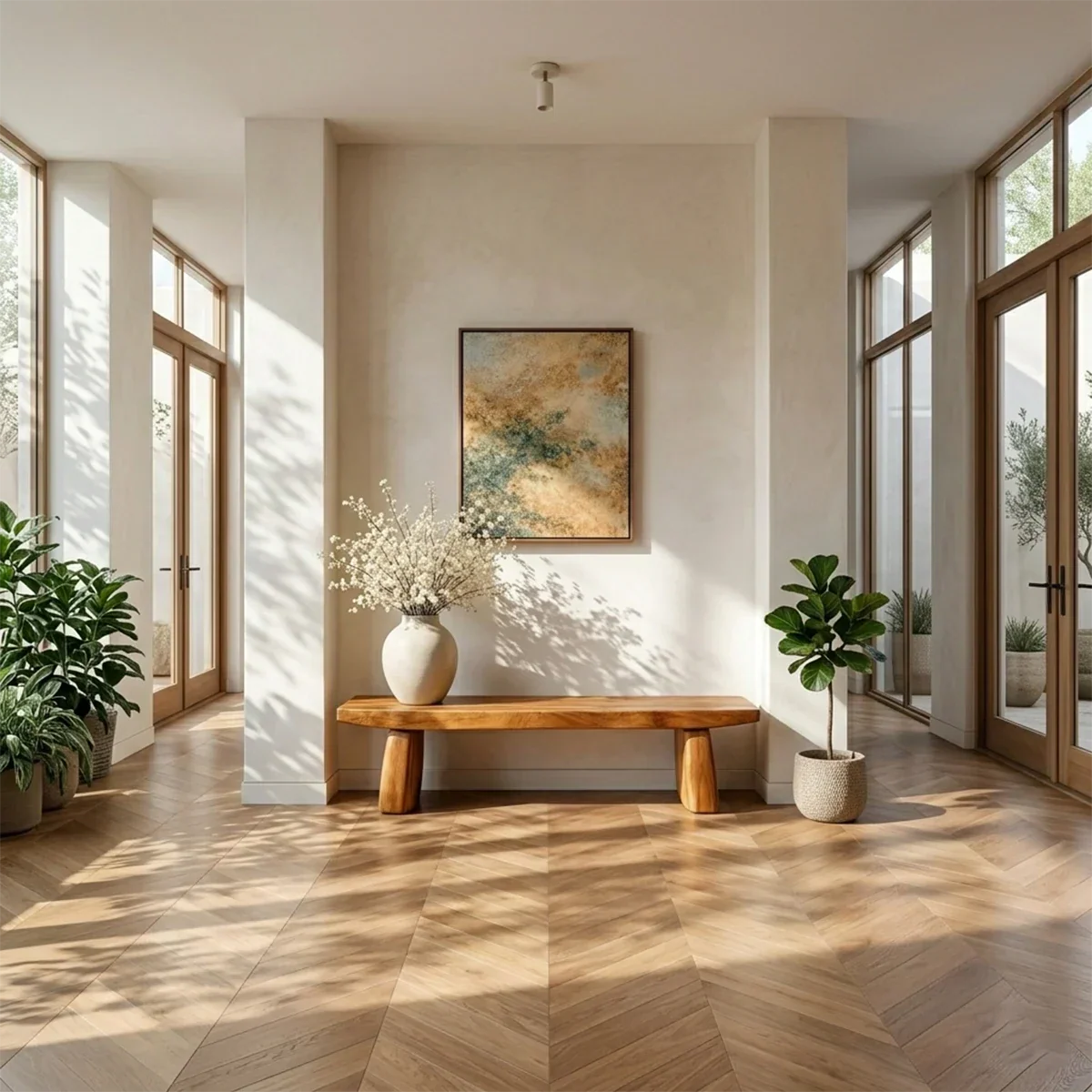 Minimalist hallway bench showcasing sturdy block leg structure and refined brown tone finish