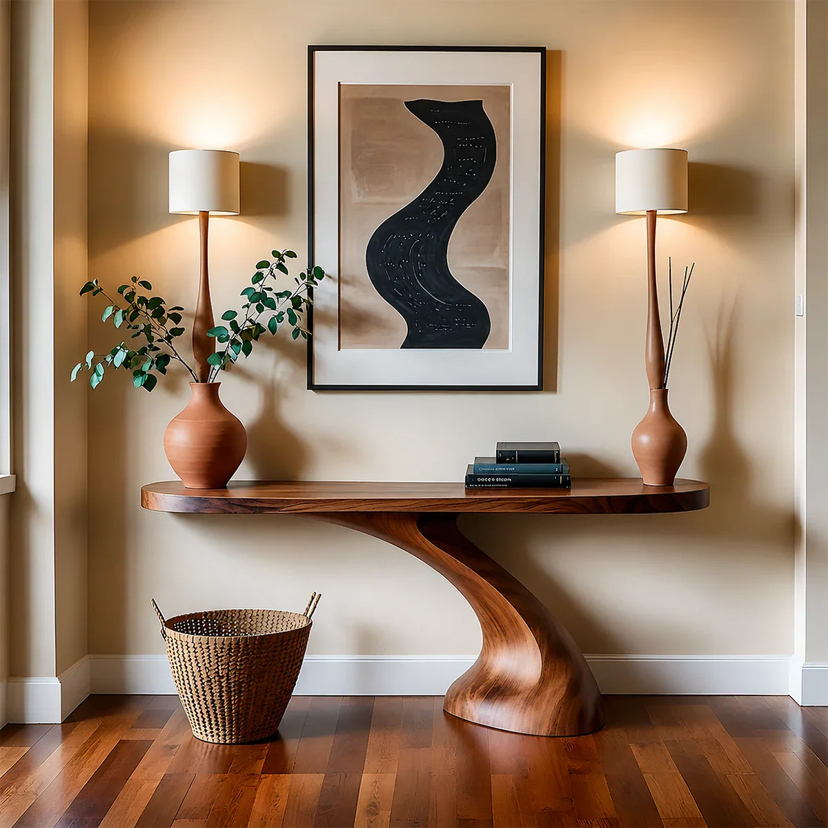 Minimalist Sculptural Console Table in Natural Solid Wood for Entryway