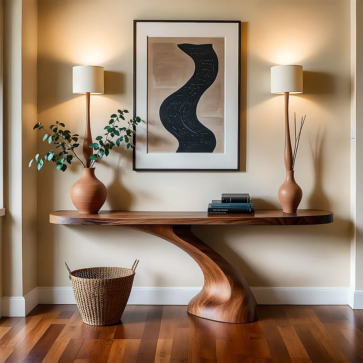 Minimalist Sculptural Console Table in Natural Solid Wood for Entryway
