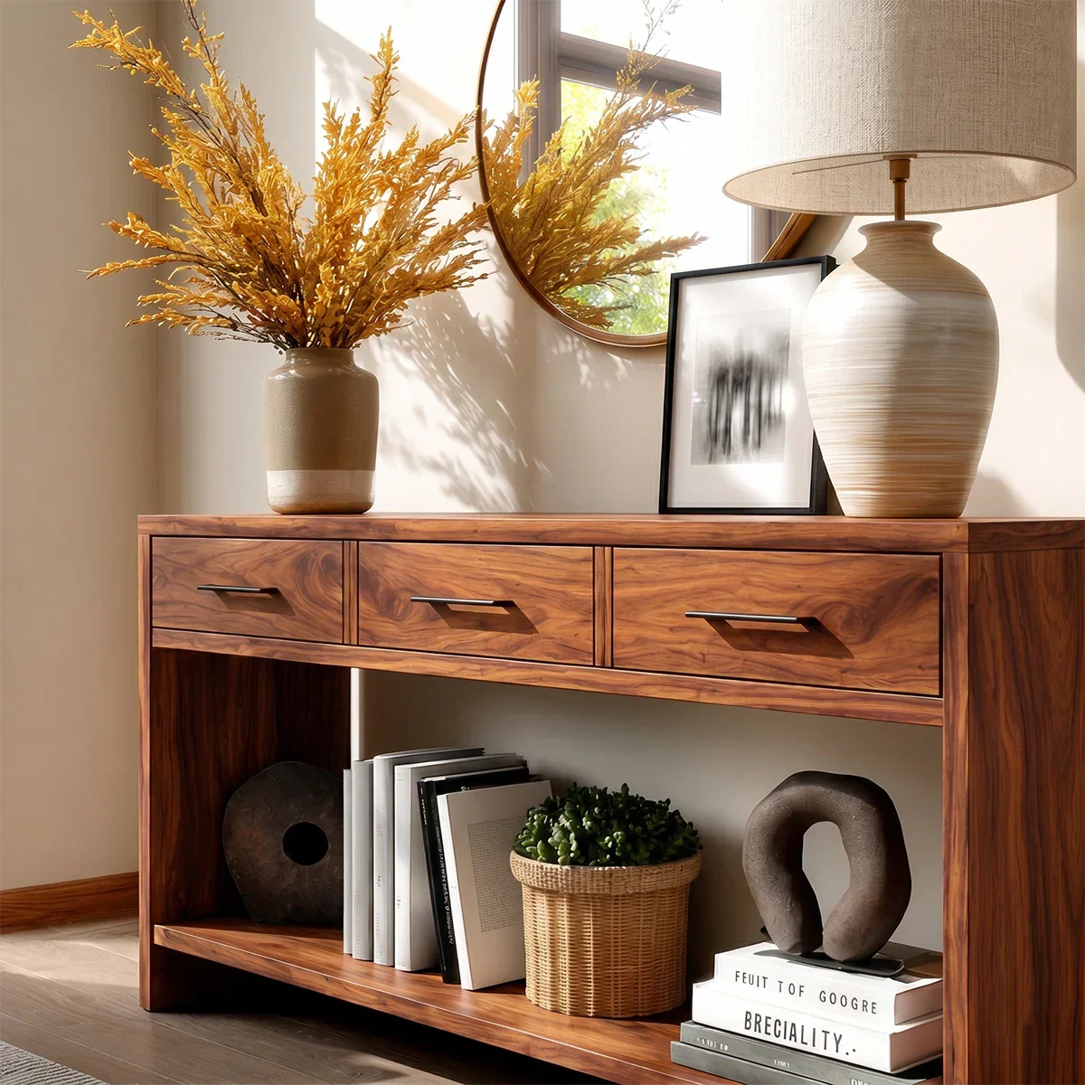 Minimalist sideboard with open lower storage and clean lined drawer organization