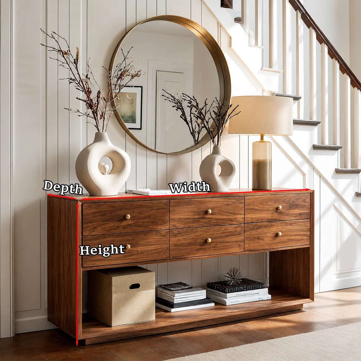 Functional credenza with six spacious drawers and minimalist open shelf organization