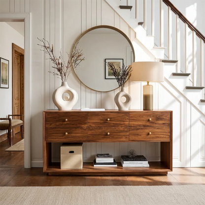 Contemporary buffet cabinet featuring spacious drawer storage and lower display shelving