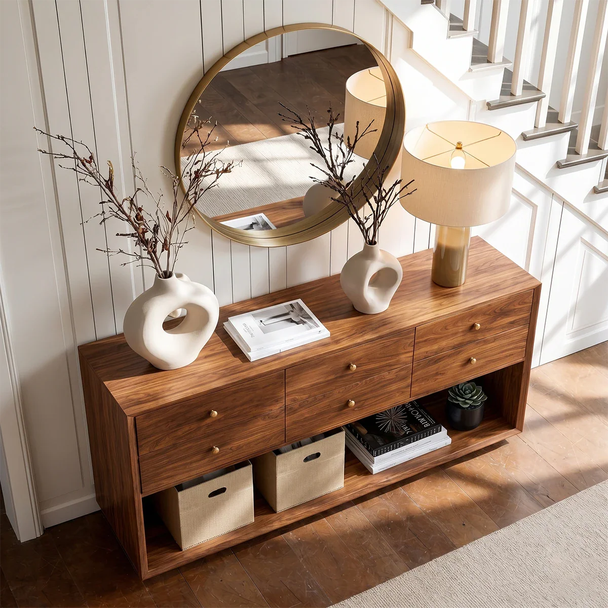 Refined storage sideboard featuring six drawers and spacious open shelf display area