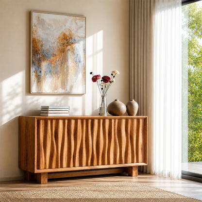 Contemporary buffet cabinet featuring vertical carved detailing and minimalist styling