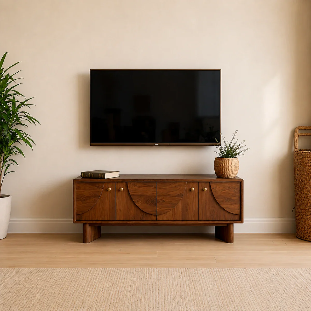 Decorative Panel TV Stand Solid Wood Media Console Storage Cabinet