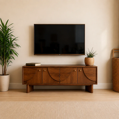 Decorative Panel TV Stand Solid Wood Media Console Storage Cabinet