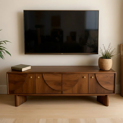 Contemporary TV stand in soft brown finish with sleek cabinet design and clean silhouette