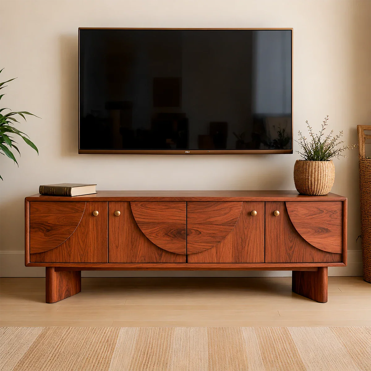 TV stand in soft walnut finish with clean lines and gentle grain pattern in a neutral space