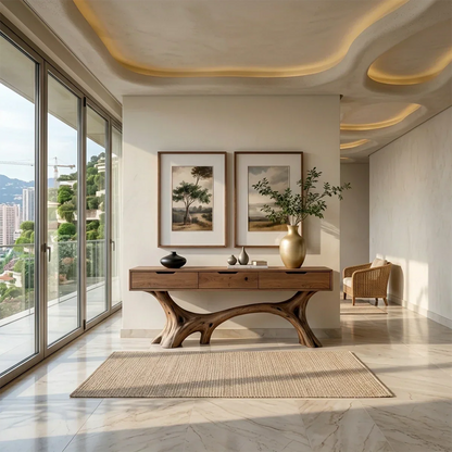 A contemporary console table with sculptural wood base adds storage and elegance to this interior