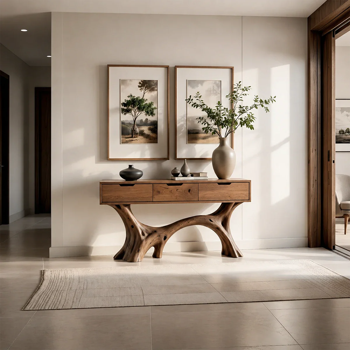 Sculptural Storage Console Table in Natural Solid Wood with Branch Base