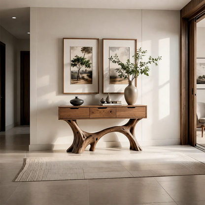 Sculptural Storage Console Table in Natural Solid Wood with Branch Base