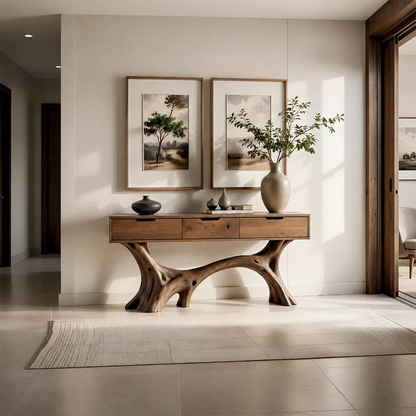 Sculptural Storage Console Table in Natural Solid Wood with Branch Base