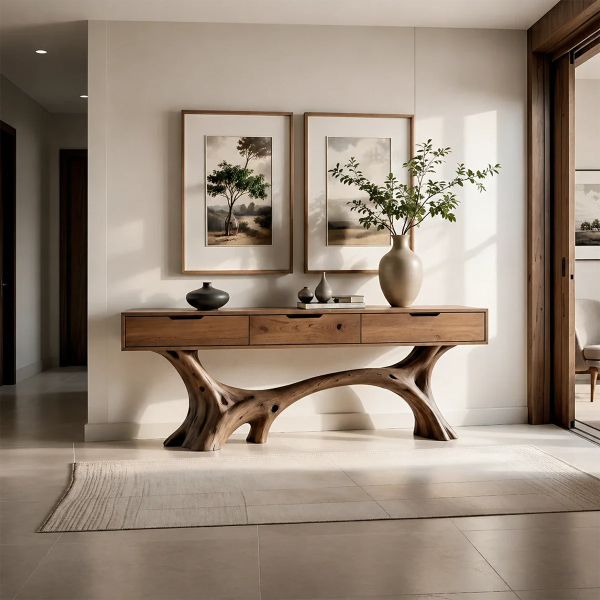 Sculptural Storage Console Table in Natural Solid Wood with Branch Base