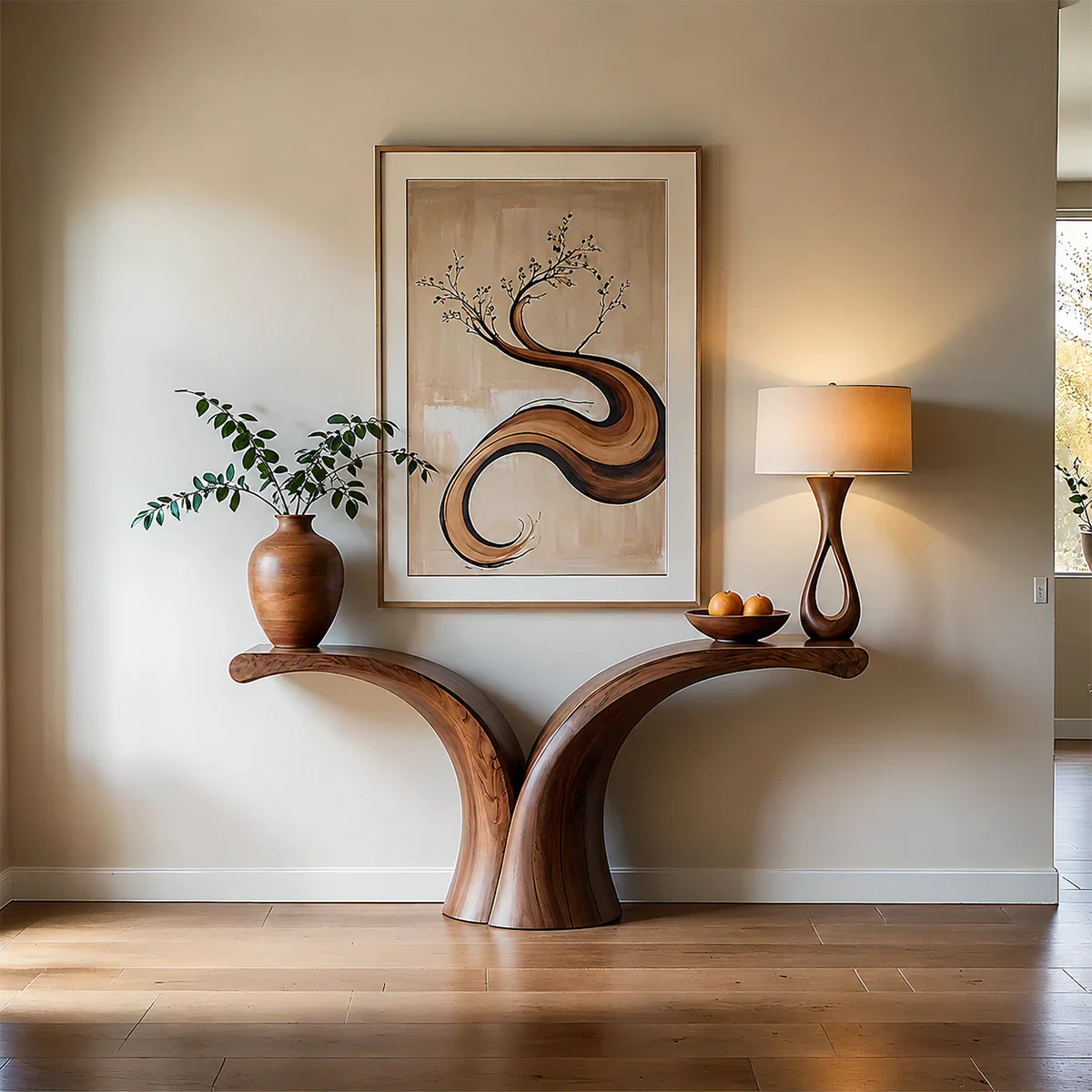 Sculptural Curve Console Table in Natural Solid Wood for Entryway