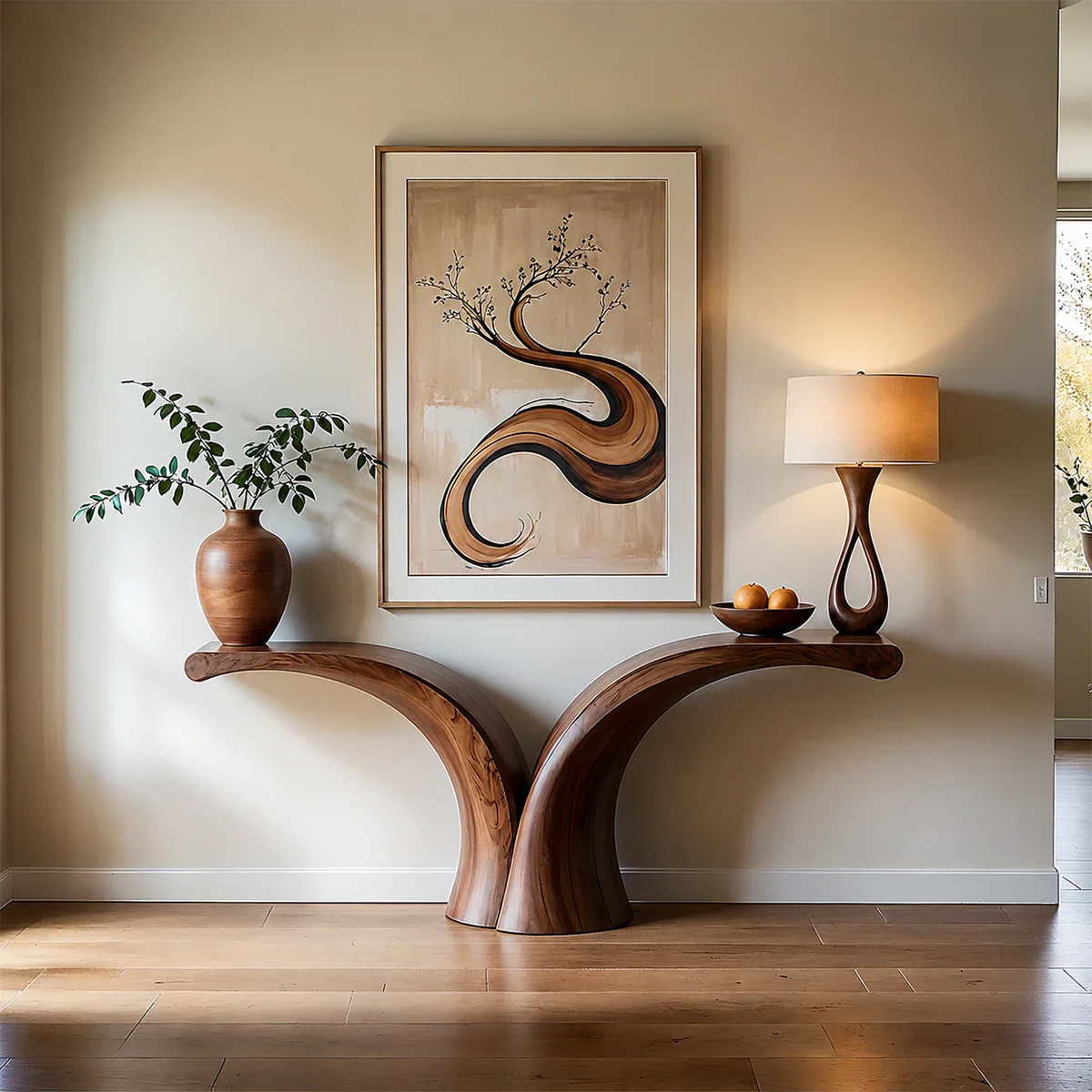 Sculptural Curve Console Table in Natural Solid Wood for Entryway