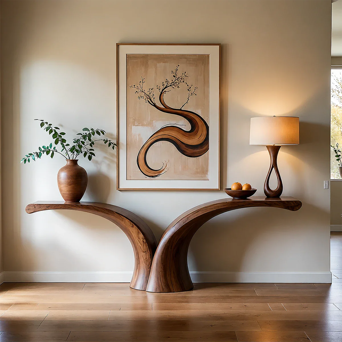 Sculptural Curve Console Table in Natural Solid Wood for Entryway