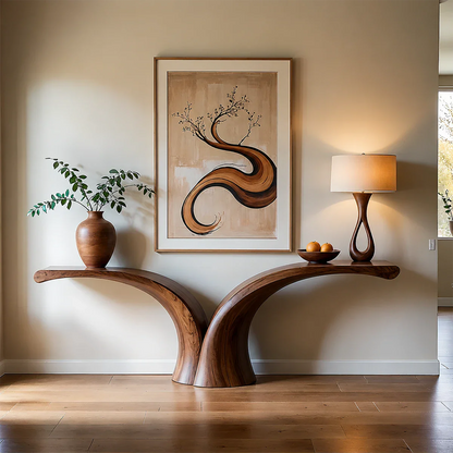 Sculptural Curve Console Table in Natural Solid Wood for Entryway