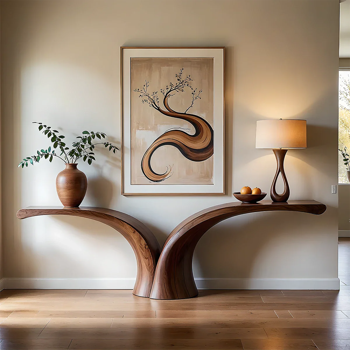 Sculptural Curve Console Table in Natural Solid Wood for Entryway