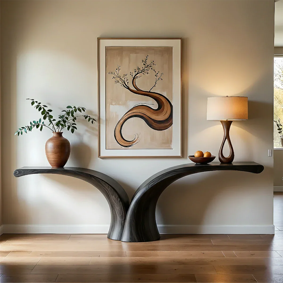 Minimalist interior showcasing a curved wood console table with refined natural texture