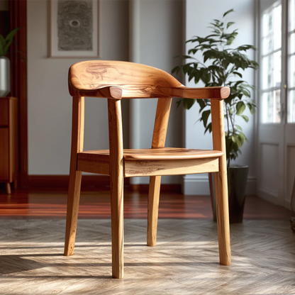 A minimalist wooden armchair with smooth curves brings warmth to contemporary living spaces