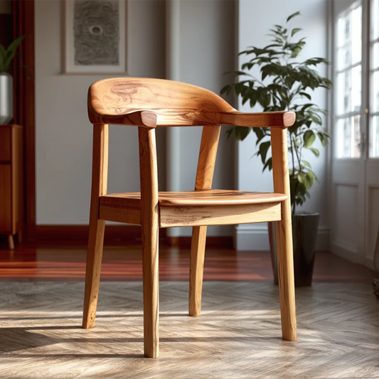 A minimalist wooden armchair with smooth curves brings warmth to contemporary living spaces