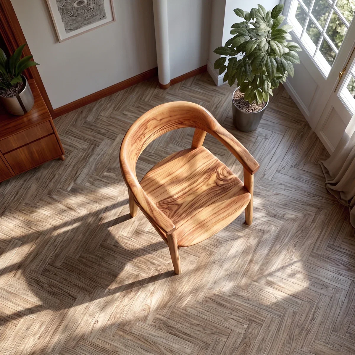 Curved back wooden chair with armrests offers comfort and style in a clean modern room