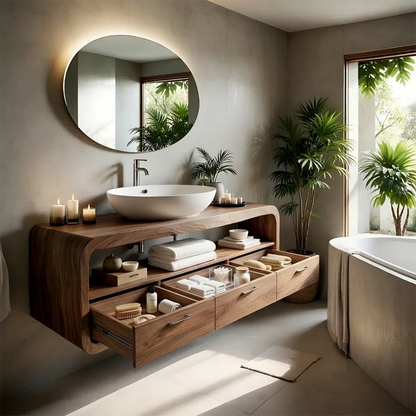 Wall mounted solid wood floating bathroom vanity with shelf