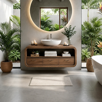 Curved Natural Solid Wood Floating Bathroom Vanity With Drawer Storage