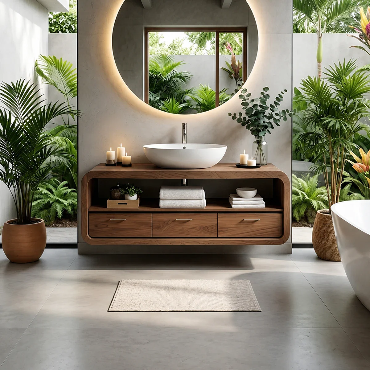 Curved Natural Solid Wood Floating Bathroom Vanity With Drawer Storage