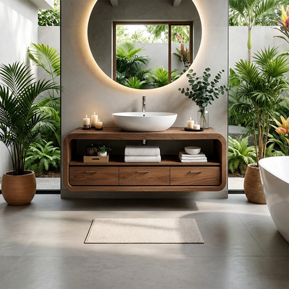 Curved Natural Solid Wood Floating Bathroom Vanity With Drawer Storage