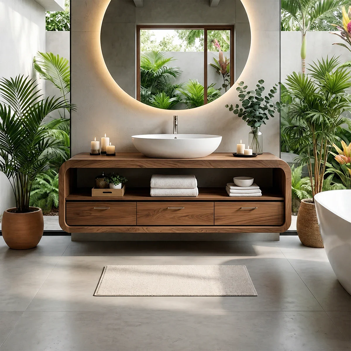 Curved Natural Solid Wood Floating Bathroom Vanity With Drawer Storage