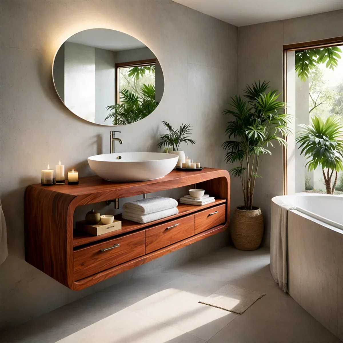 Designer floating bathroom vanity with vessel sink