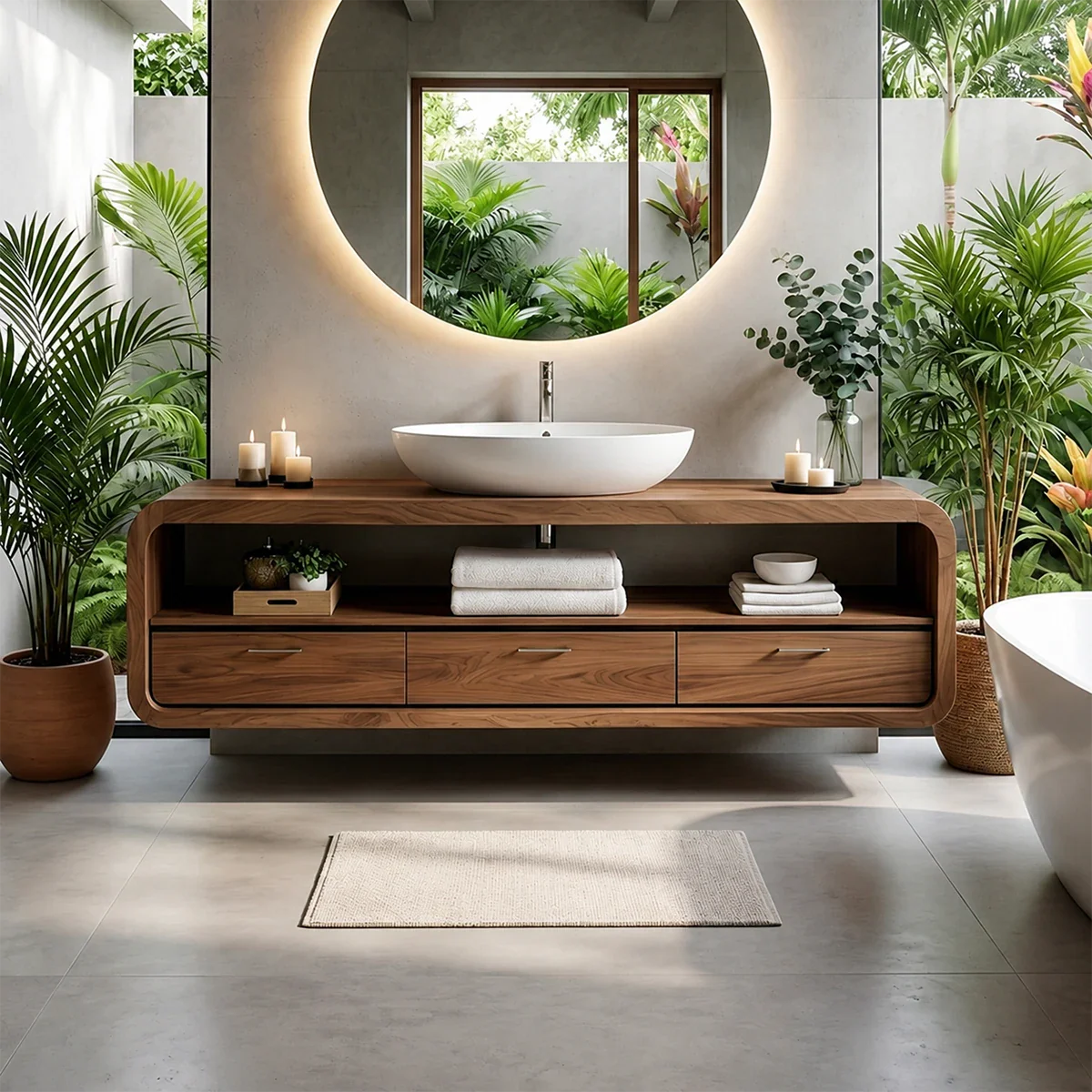 Curved Natural Solid Wood Floating Bathroom Vanity With Drawer Storage