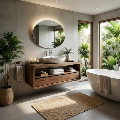 Solid wood floating bathroom vanity with vessel sink