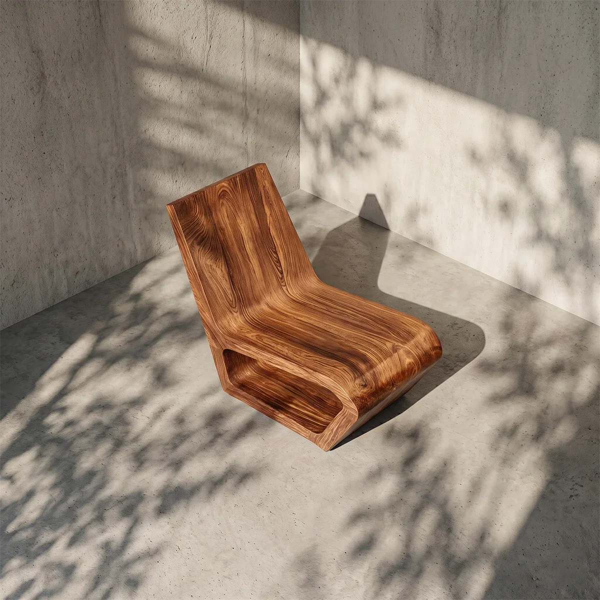 Minimalist wooden chair with organic curves creates a bold statement in a clean interior
