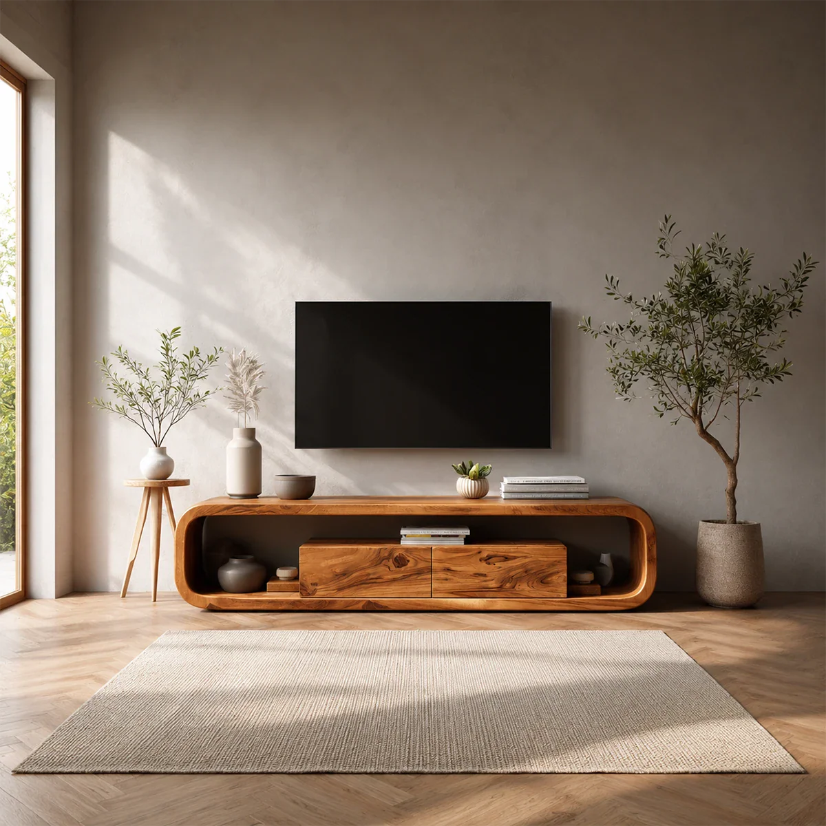 Curved Natural Solid Wood TV Stand with Hidden Storage and Open Shelf