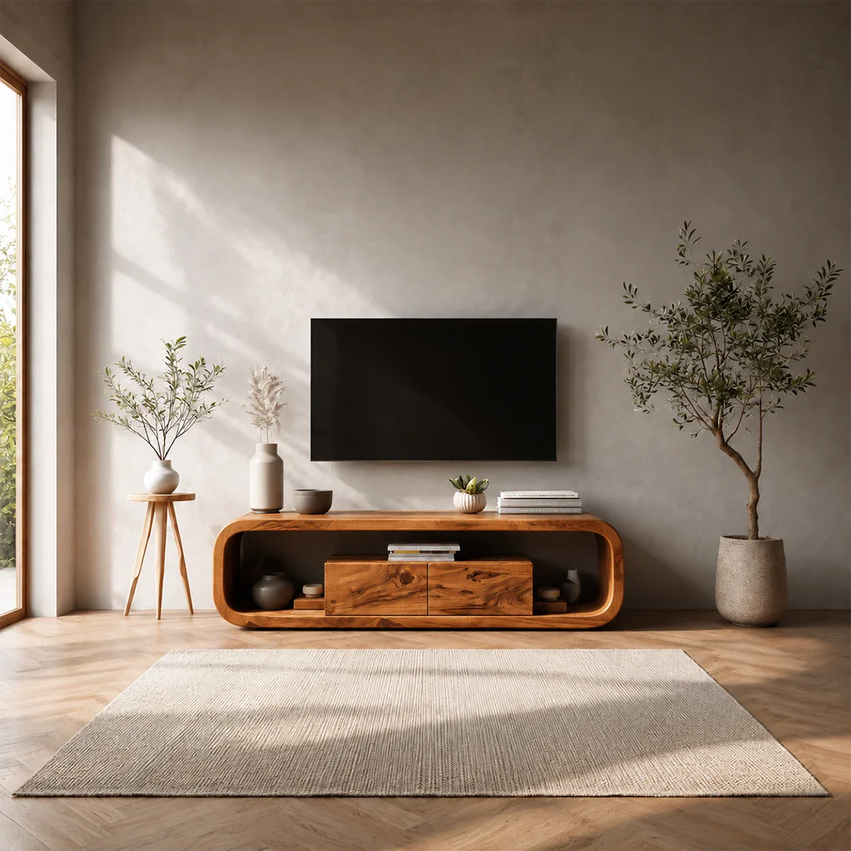 Curved Natural Solid Wood TV Stand with Hidden Storage and Open Shelf