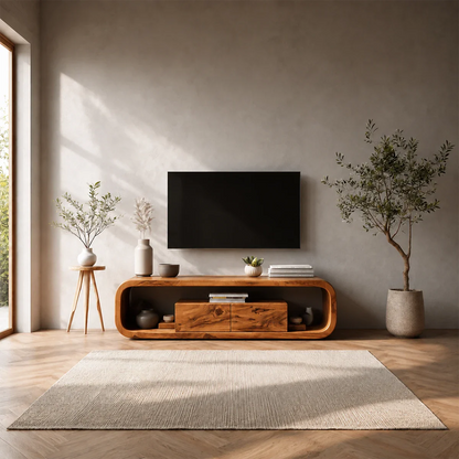 Curved Natural Solid Wood TV Stand with Hidden Storage and Open Shelf
